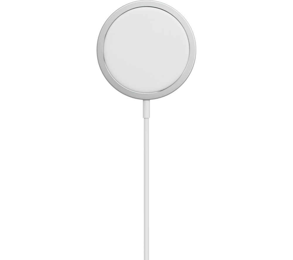 White Apple MagSafe Charger with a sleek circular design and a thin cable, featuring a smooth surface and a silver rim for easy attachment to compatible devices.