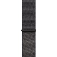 Dark grey Apple watch band, nylon, recycled polyester, spandex, textured weave pattern, adjustable loop closure.