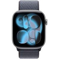 Blue nylon Apple watch band with recycled material, attached to a smartwatch displaying abstract blue shapes on screen.