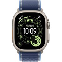 Blue Apple watch band with titanium clasp, polyester, spandex, nylon blend, attached to smartwatch displaying digital time.