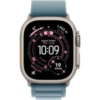 Blue titanium Apple watch band with polyester and spandex, attached to a smartwatch displaying a digital clock face.