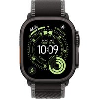 Black Apple Watch band, titanium clasp, polyester, spandex, nylon blend, attached to a smartwatch with digital display.
