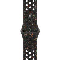 Black Apple watch band with colorful speckles, perforated fluoroelastomer material, and aluminum clasp.