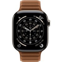 Caramel polyester Apple watch band with ribbed texture, attached to a smartwatch displaying an analog-style clock face.