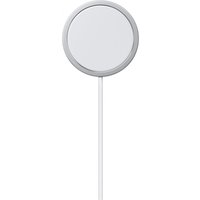 White Apple wireless charger with circular design and silver edge, attached to a white cable.
