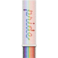 Multicolour nylon Apple watch band with rainbow vertical stripes and white connectors.