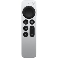 Silver Apple remote control with circular touchpad, multiple buttons, and sleek design for TV set-top box.