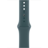 Green fluoroelastomer Apple watch band with adjustable holes and sleek design.