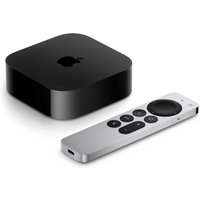Black Apple TV 4K box with silver remote, featuring touchpad and buttons, 64 GB Wi-Fi model.
