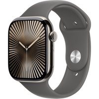Apple Watch Series 10, 46mm natural titanium case, stone grey sport band, sleek design, digital crown, large display.