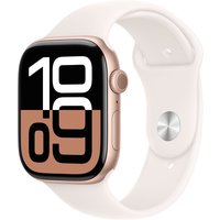 Apple Watch Series 10, rose gold aluminum case, light blush sport band, GPS + Cellular, 46mm, S/M size.