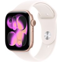 Apple Watch Series 11, rose gold aluminum case, light blush sport band, 46mm, digital display with abstract design.