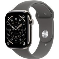 Apple Watch Series 11, 42mm natural titanium case, black sport band, digital crown, and sleek rectangular display.
