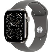 Apple Watch Series 11, 42mm titanium case, stone grey sport band, digital display with analog watch face.