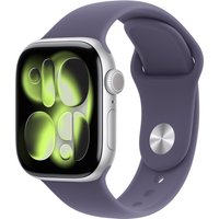 Apple Watch Series 11, 42mm silver aluminum case, purple fog sport band, GPS + Cellular, S/M size.