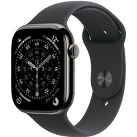 Apple Watch Series 11, 42mm slate titanium case, black sport band, digital crown, and rounded rectangular display.