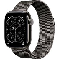 Apple Watch Series 11, 42mm slate titanium case, black mesh band, digital display with analog-style watch face.