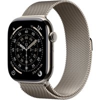 Apple Watch Series 11, 46mm natural titanium case, natural Milanese loop band, GPS + Cellular, sleek design.