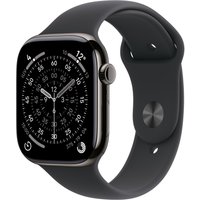 Apple Watch Series 11, 46mm slate titanium case, black sport band, digital display with analog clock face.