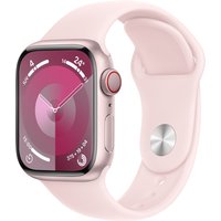 Apple Watch Series 9, 41mm pink aluminum case, light pink band, GPS + Cellular, rounded edges, digital crown.