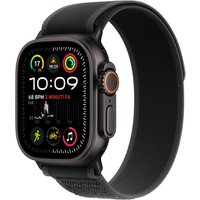 Apple Watch Ultra 2, black titanium case, black Trail Loop band, colorful display, GPS + Cellular, 49mm size.
