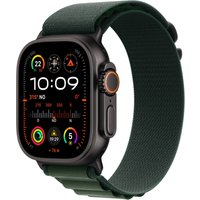 Apple Watch Ultra 2, 49mm black titanium case, dark band, colorful display with time and activity icons.