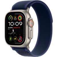 Apple Watch Ultra 2, 49mm natural titanium case, blue trail loop band, GPS + Cellular, digital display.