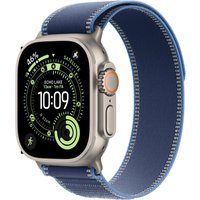 Apple Watch Ultra 3, 49mm titanium case, blue/bright blue trail loop band, GPS + Cellular, digital display.