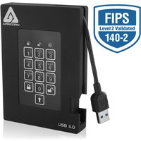 Black Apricorn Aegis Padlock Fortress 2TB hard drive with keypad and USB 3.0 cable, FIPS 140-2 Level 2 badge.