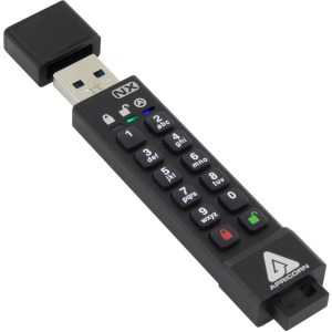 Black Apricorn Aegis Secure Key 3NX flash drive with 32GB capacity, featuring a numeric keypad for security and a protective cap covering the USB connector.