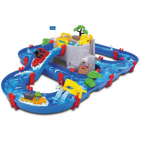 Colorful AquaPlay Mountain Lake Water Playset features a winding blue water track, a gray mountain, yellow slides, green trees, and playful figures in boats and on a dock.
