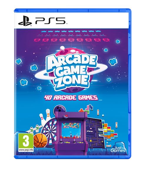 Bright blue PS5 game case featuring "Arcade Game Zone" title, colorful arcade graphics, and a retro arcade cabinet illustration, highlighting 40 arcade games.