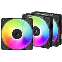 ARCTIC Freezer P12 Pro Reverse A-RGB 3-pack, 12 cm computer case fans with multicolor LED lights and black frames.