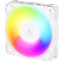 White ARCTIC 120 mm PWM fan with vibrant A-RGB lighting, featuring a square frame and central logo.