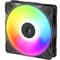 Black ARCTIC 140 mm PWM fan with vibrant A-RGB lighting and central logo, featuring a sleek square frame.