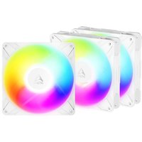 White ARCTIC Freezer P14 Pro 140 mm fans, A-RGB lighting, 3-pack, vibrant color spectrum on blades.