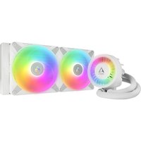 White ARCTIC Liquid Freezer III 280 A-RGB CPU cooler with dual rainbow-lit fans and flexible tubing.