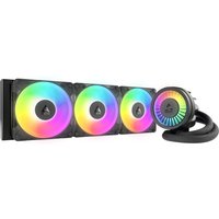 Black ARCTIC Liquid Freezer III Pro 360 A-RGB cooler with three rainbow-lit fans and a sleek pump head.