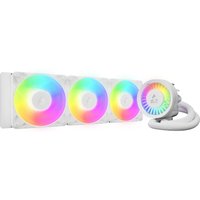 White ARCTIC Liquid Freezer III Pro 360 A-RGB CPU Cooler with three rainbow-lit fans and a circular pump head.