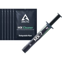 ARCTIC MX-7 thermal paste syringe with black body, green accents, and six MX Cleaner biodegradable wipe packets.