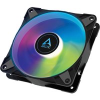 Black ARCTIC P12 PWM PST A-RGB 12 cm computer case fan with multicolor LED lighting and central Arctic logo.