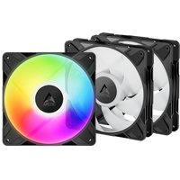 Black ARCTIC P14 Pro A-RGB 140 mm fans with rainbow LED lights, three-pack, includes cable splitter.
