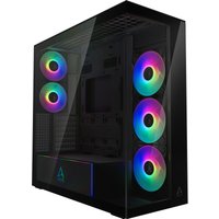 Mirror black E-ATX PC case with RGB fans, tempered glass panel, and sleek angular design by Arctic.
