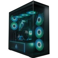 Black ARCTIC Xtender VG E-ATX PC case with vertical GPU mount, tempered glass panel, and RGB cooling fans.