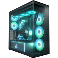Mirror black E-ATX PC case with vertical GPU mount, RGB fans, and tempered glass panel by Arctic.