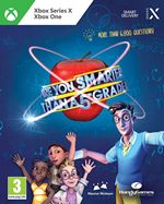 Colorful game cover featuring a large red apple with the title "Are You Smarter Than a 5th Grader?" and cartoon characters raising their hands, set against a blue background.