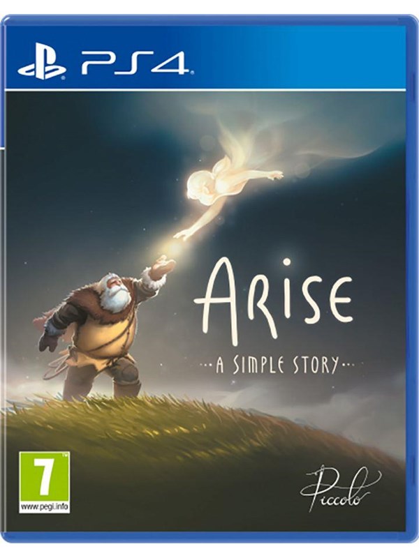 Cover art for "Arise: a Simple Story" on PlayStation 4 features a whimsical scene with a character reaching for a glowing figure, set against a gradient background of greens and blues.