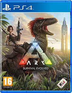 Cover art for "ARK Survival Evolved" featuring a female character with a gun riding a dinosaur, set in a lush landscape with a futuristic structure in the background.