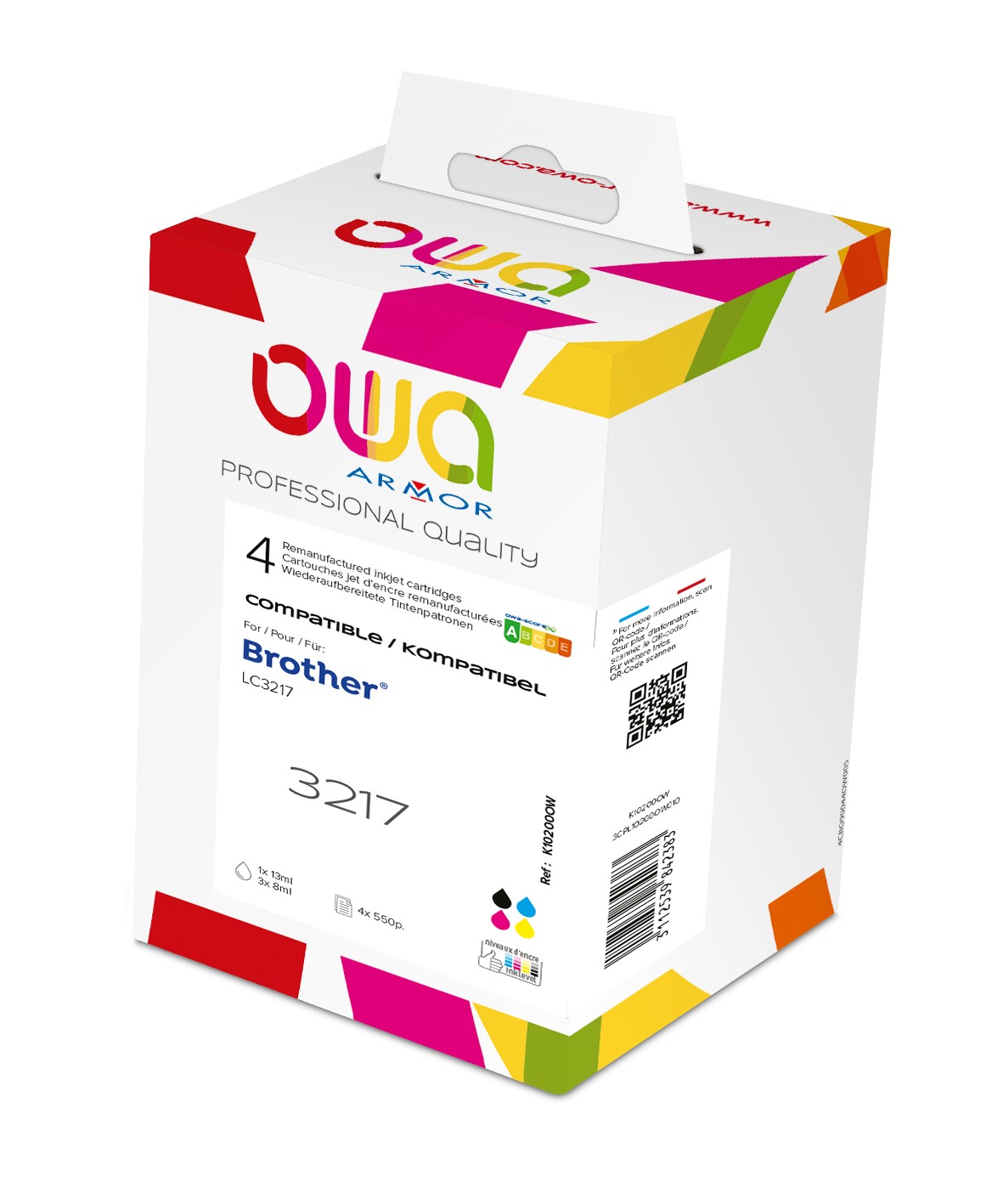 Four-pack ink cartridge box in vibrant colors, featuring black, cyan, magenta, and yellow cartridges, labeled "Armor" with professional quality branding.