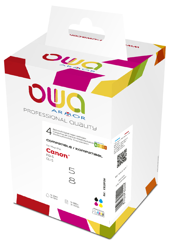 White box with colorful accents, labeled "Armor," containing four high-yield black ink cartridges, compatible with Canon PG-5 and CL-5 models.